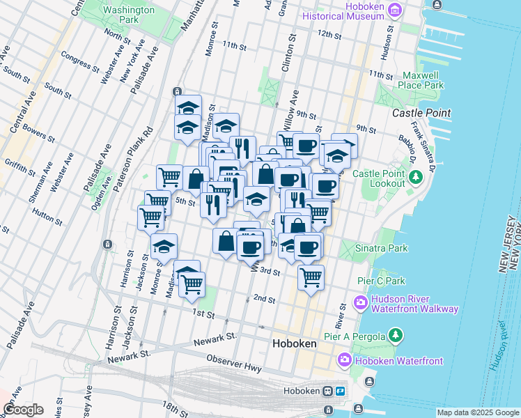 map of restaurants, bars, coffee shops, grocery stores, and more near 500 Clinton Street in Hoboken