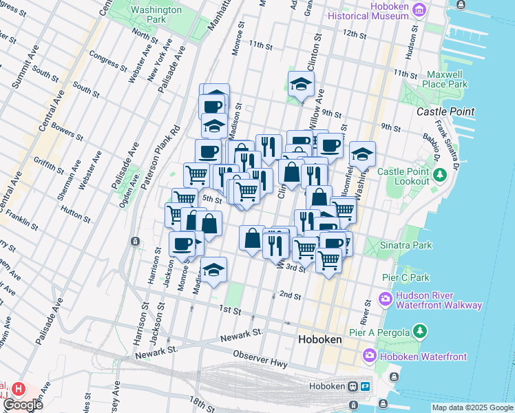 map of restaurants, bars, coffee shops, grocery stores, and more near 415 Adams Street in Hoboken