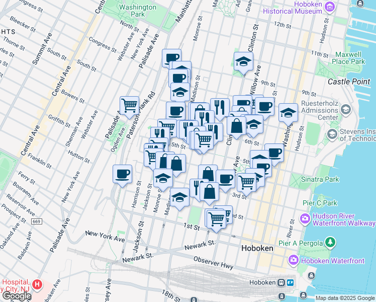 map of restaurants, bars, coffee shops, grocery stores, and more near 410 Jefferson Street in Hoboken