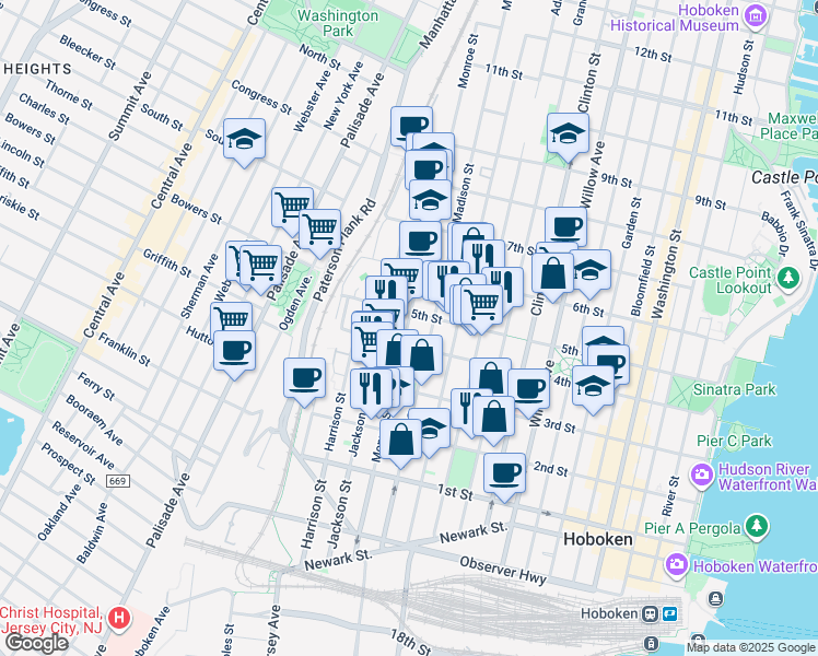 map of restaurants, bars, coffee shops, grocery stores, and more near in Hoboken