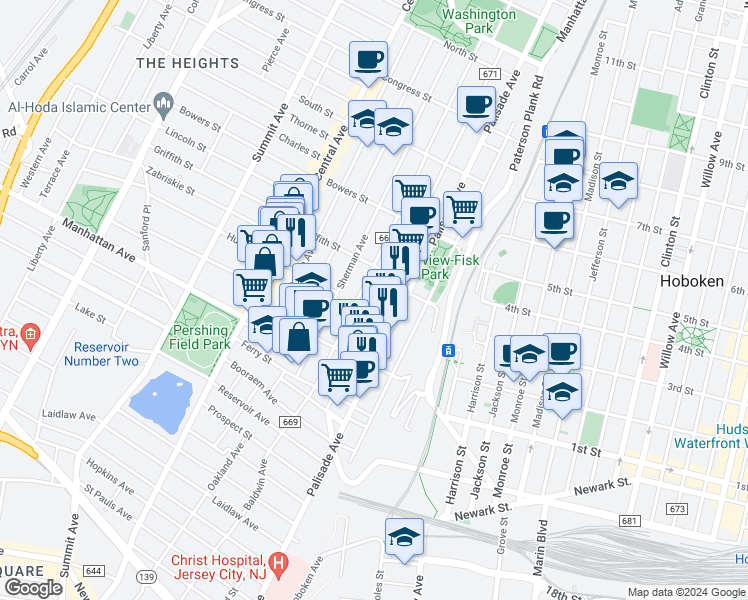 map of restaurants, bars, coffee shops, grocery stores, and more near 198 New York Avenue in Jersey City