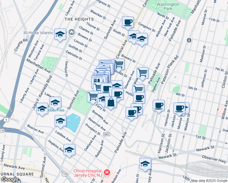 map of restaurants, bars, coffee shops, grocery stores, and more near 13 Hancock Avenue in Jersey City