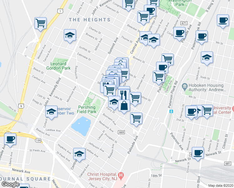map of restaurants, bars, coffee shops, grocery stores, and more near 136 Franklin Street in Jersey City