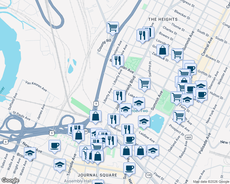 map of restaurants, bars, coffee shops, grocery stores, and more near 29 Cliff Street in Jersey City