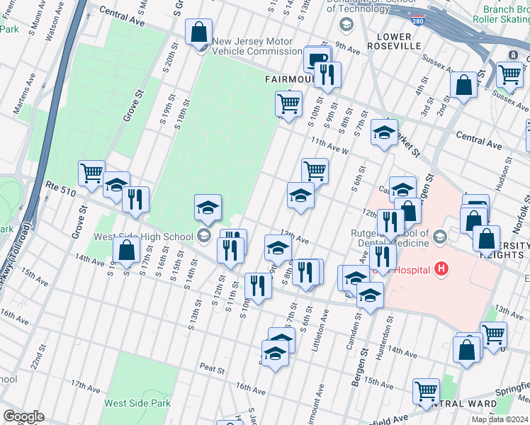 map of restaurants, bars, coffee shops, grocery stores, and more near 327 South 11th Street in Newark