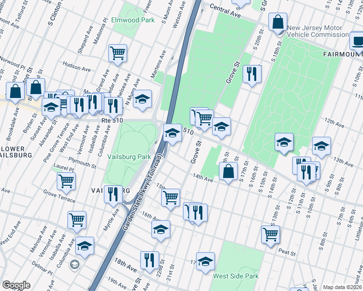 map of restaurants, bars, coffee shops, grocery stores, and more near 40 Gladstone Avenue in Newark