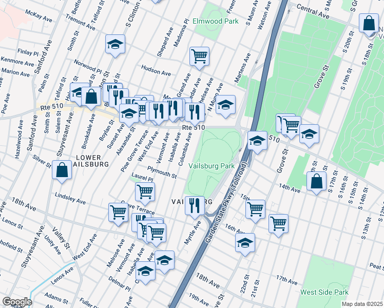 map of restaurants, bars, coffee shops, grocery stores, and more near 51 South Munn Avenue in Newark