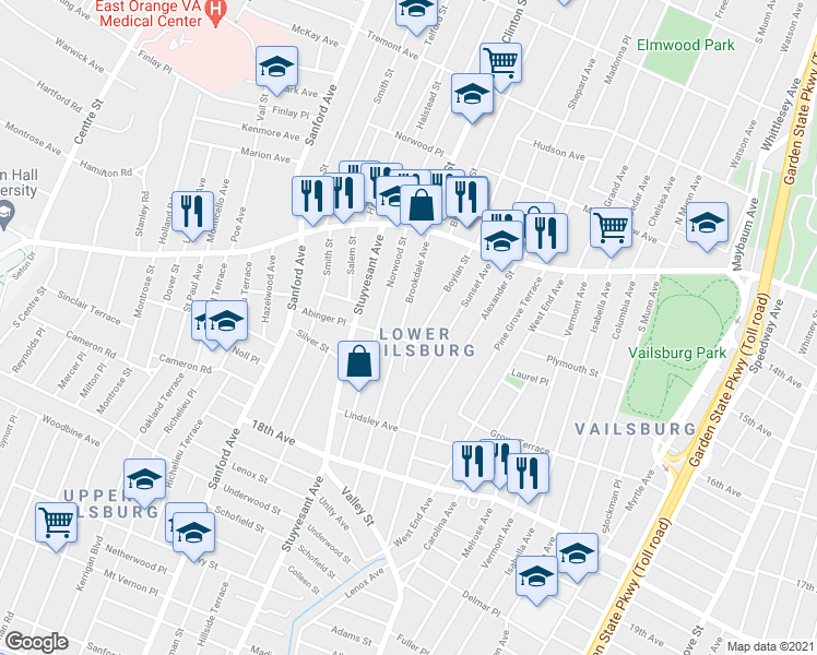 map of restaurants, bars, coffee shops, grocery stores, and more near 91 Boylan Street in Newark