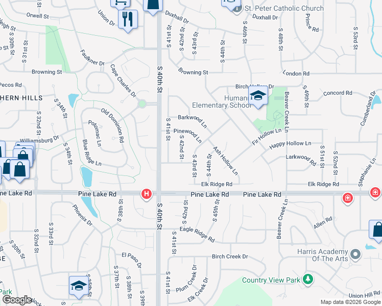 map of restaurants, bars, coffee shops, grocery stores, and more near 6730 South 43rd Street in Lincoln