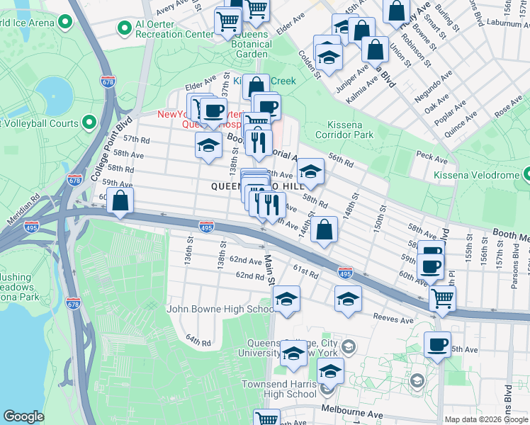map of restaurants, bars, coffee shops, grocery stores, and more near 60-1 Main St in Queens