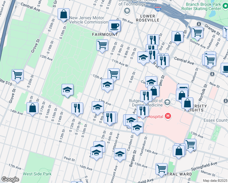 map of restaurants, bars, coffee shops, grocery stores, and more near 196 South 8th Street in Newark