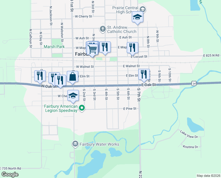 map of restaurants, bars, coffee shops, grocery stores, and more near 208 East Chestnut Street in Fairbury