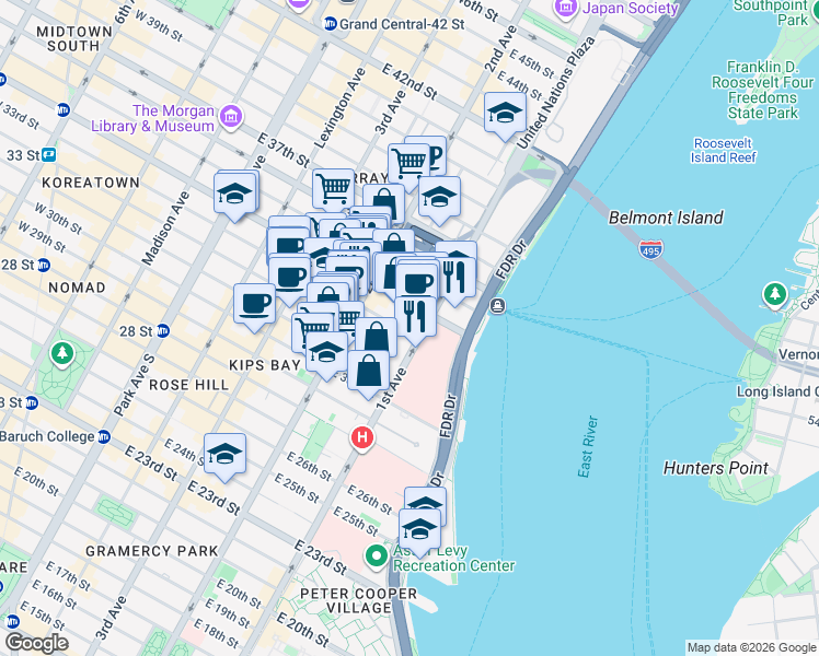 map of restaurants, bars, coffee shops, grocery stores, and more near 377 East 33rd Street in New York