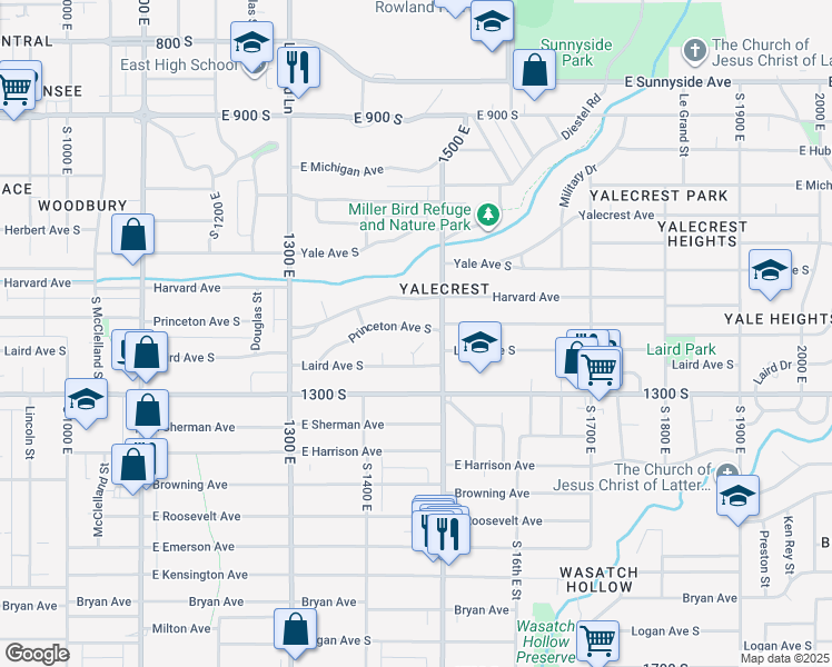 map of restaurants, bars, coffee shops, grocery stores, and more near 1458 Princeton Avenue South in Salt Lake City