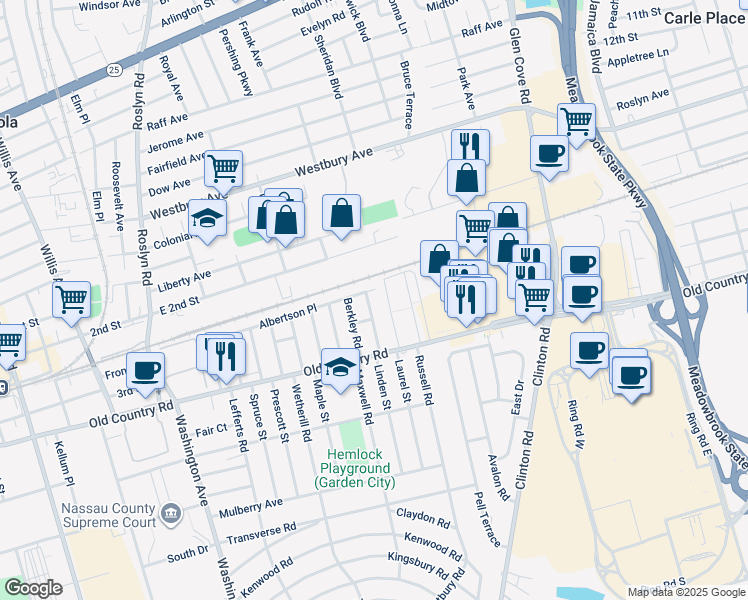 map of restaurants, bars, coffee shops, grocery stores, and more near 42 Wisteria Avenue in Mineola