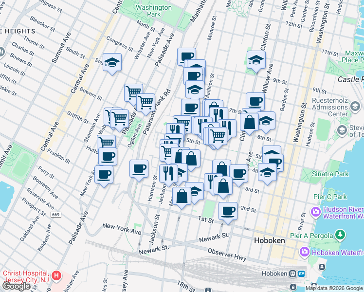 map of restaurants, bars, coffee shops, grocery stores, and more near in Hoboken