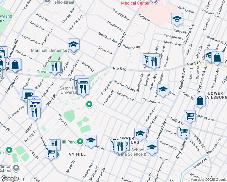 map of restaurants, bars, coffee shops, grocery stores, and more near 117 Reynolds Place in South Orange
