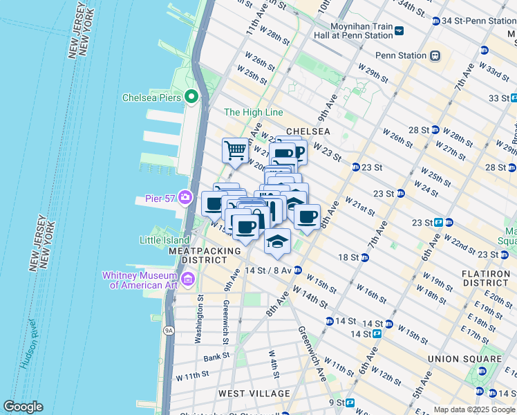 map of restaurants, bars, coffee shops, grocery stores, and more near 419 West 17th Street in New York