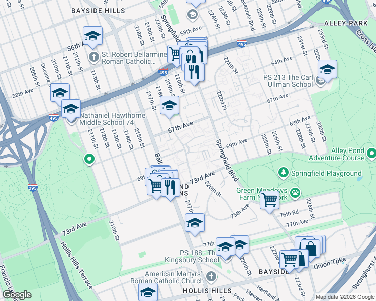 map of restaurants, bars, coffee shops, grocery stores, and more near 6877 218th Street in Queens