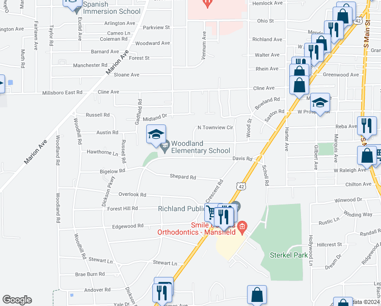 map of restaurants, bars, coffee shops, grocery stores, and more near 396 Davis Road in Mansfield