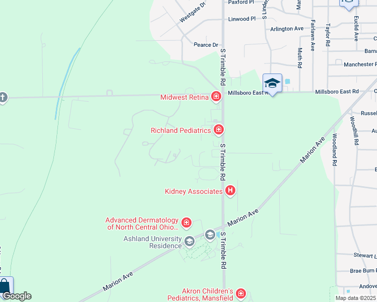 map of restaurants, bars, coffee shops, grocery stores, and more near 570 North Trimble Road in Mansfield