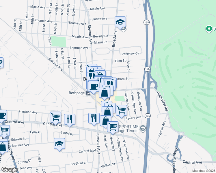 map of restaurants, bars, coffee shops, grocery stores, and more near 108 Benkert Street in Bethpage
