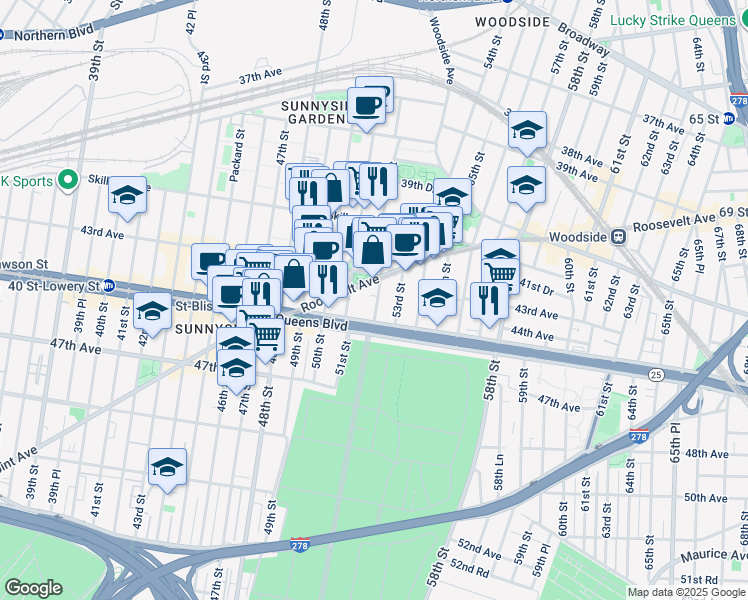 map of restaurants, bars, coffee shops, grocery stores, and more near in Queens