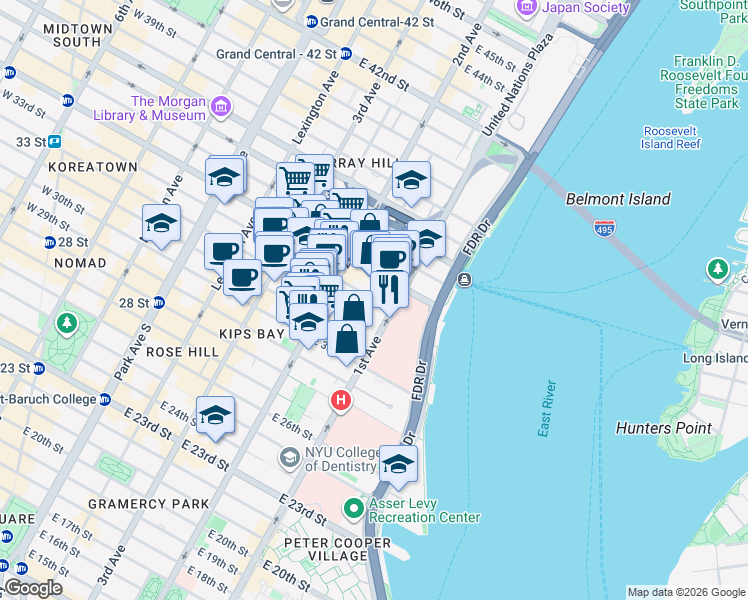map of restaurants, bars, coffee shops, grocery stores, and more near 300 East 33rd Street in New York
