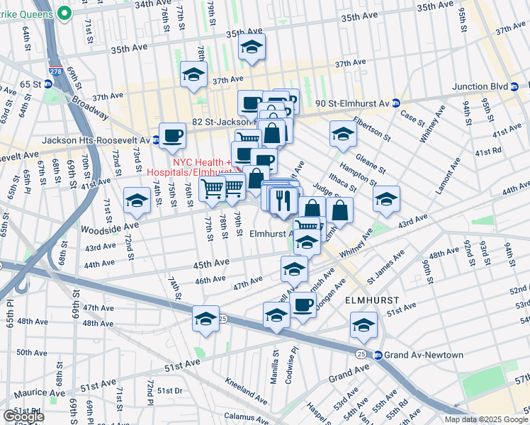 map of restaurants, bars, coffee shops, grocery stores, and more near 42-15 81st Street in Queens