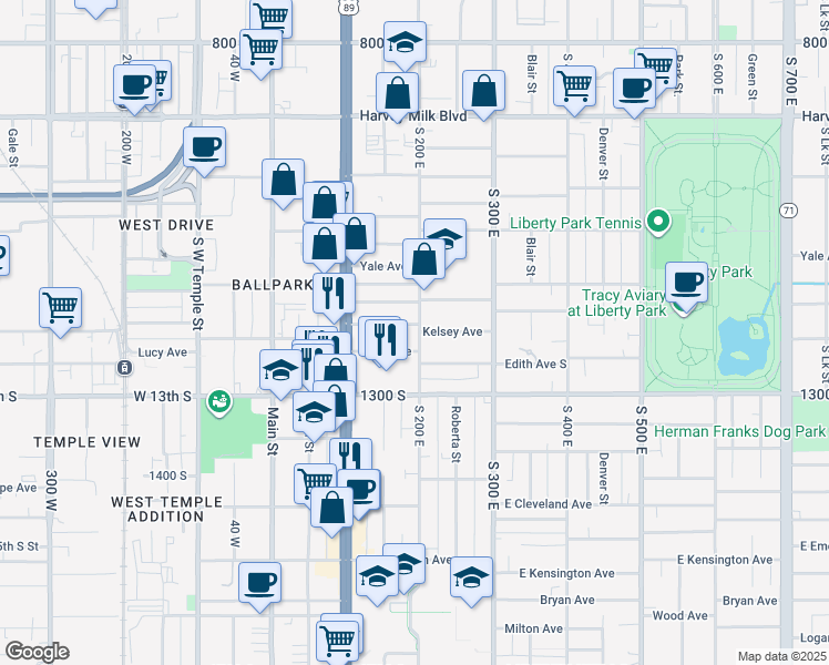 map of restaurants, bars, coffee shops, grocery stores, and more near 182 Kelsey Avenue in Salt Lake City