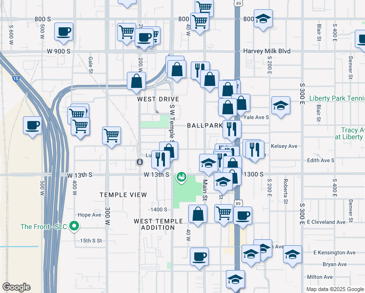 map of restaurants, bars, coffee shops, grocery stores, and more near 1185 Richards Street in Salt Lake City