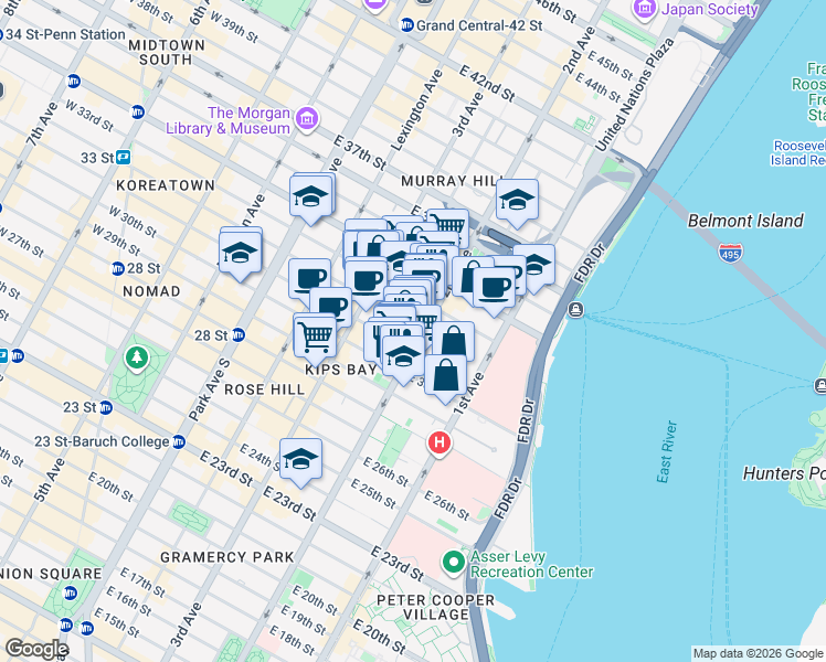 map of restaurants, bars, coffee shops, grocery stores, and more near 577 2nd Avenue in New York