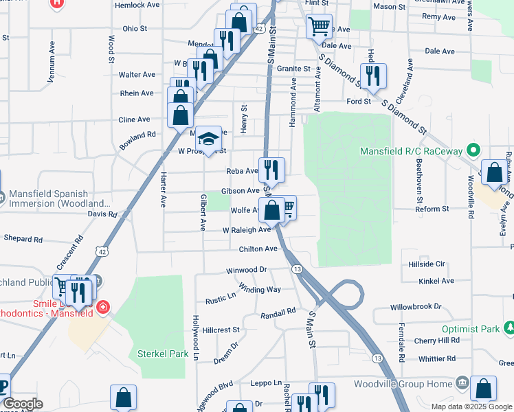 map of restaurants, bars, coffee shops, grocery stores, and more near 24 Wolfe Avenue in Mansfield