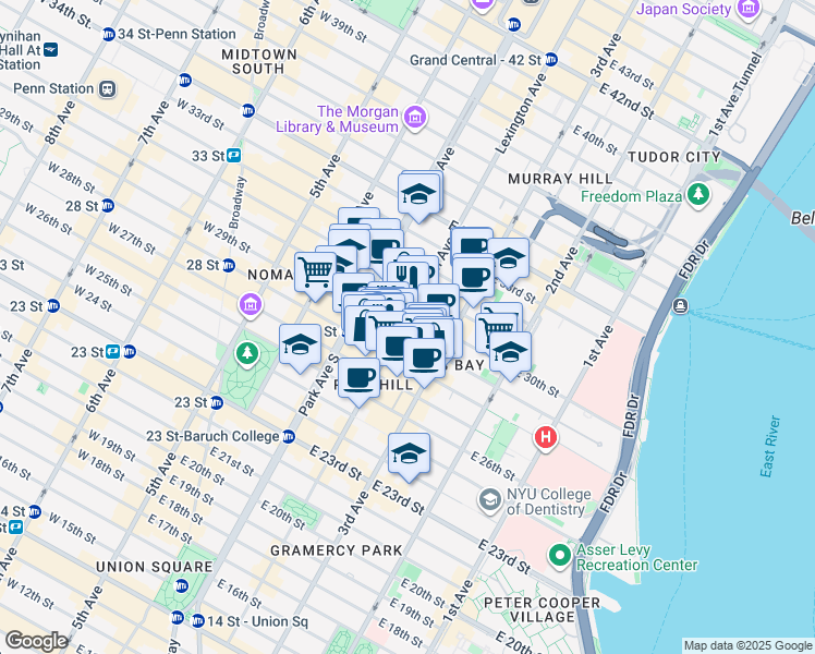 map of restaurants, bars, coffee shops, grocery stores, and more near 133 East 29th Street in New York