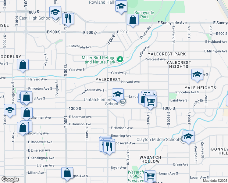 map of restaurants, bars, coffee shops, grocery stores, and more near 1187 1500 East in Salt Lake City