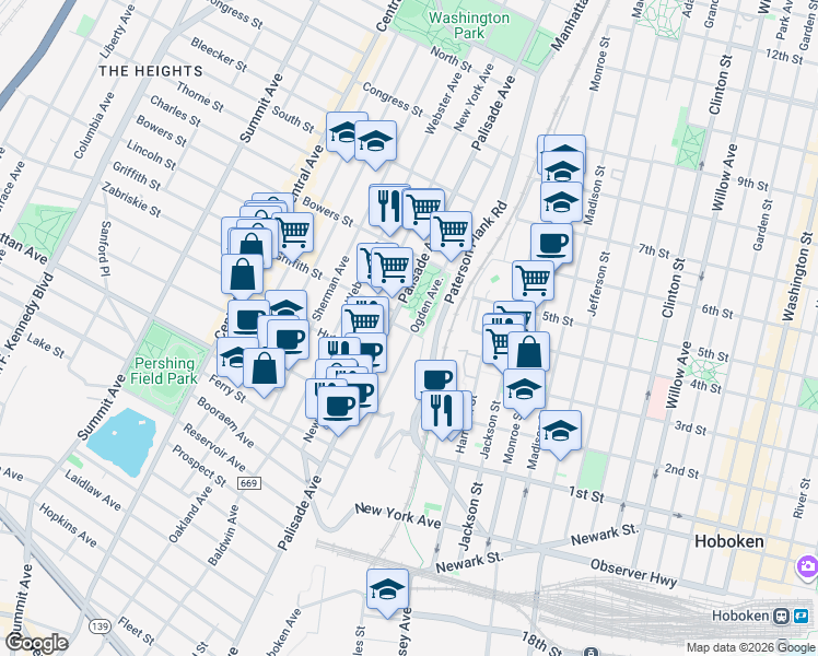 map of restaurants, bars, coffee shops, grocery stores, and more near 426 Palisade Avenue in Jersey City