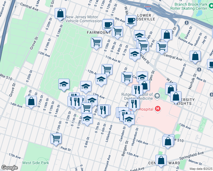map of restaurants, bars, coffee shops, grocery stores, and more near 208 South 8th Street in Newark