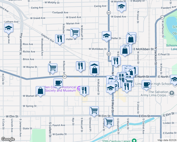 map of restaurants, bars, coffee shops, grocery stores, and more near North Washington Street in Lima