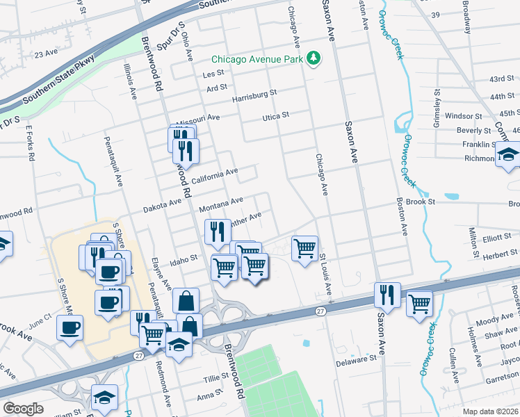 map of restaurants, bars, coffee shops, grocery stores, and more near 11 Madison Avenue in Bay Shore