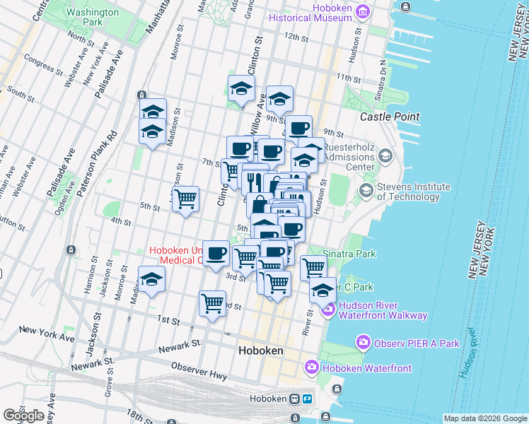 map of restaurants, bars, coffee shops, grocery stores, and more near 515 Garden Street in Hoboken