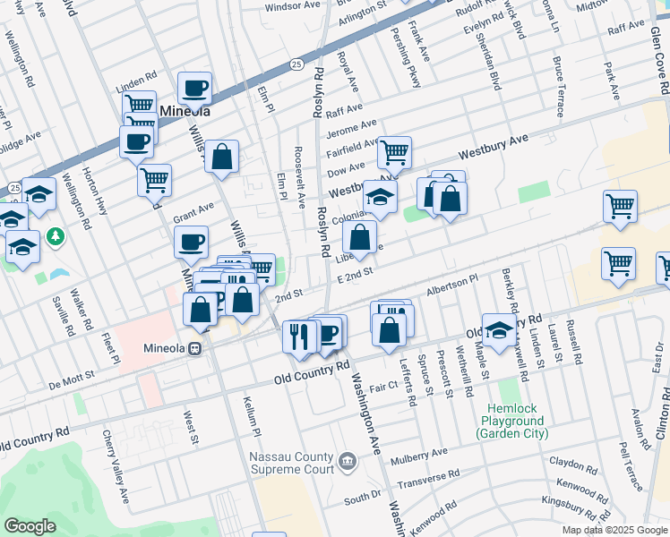 map of restaurants, bars, coffee shops, grocery stores, and more near 10 East 2nd Street in Mineola