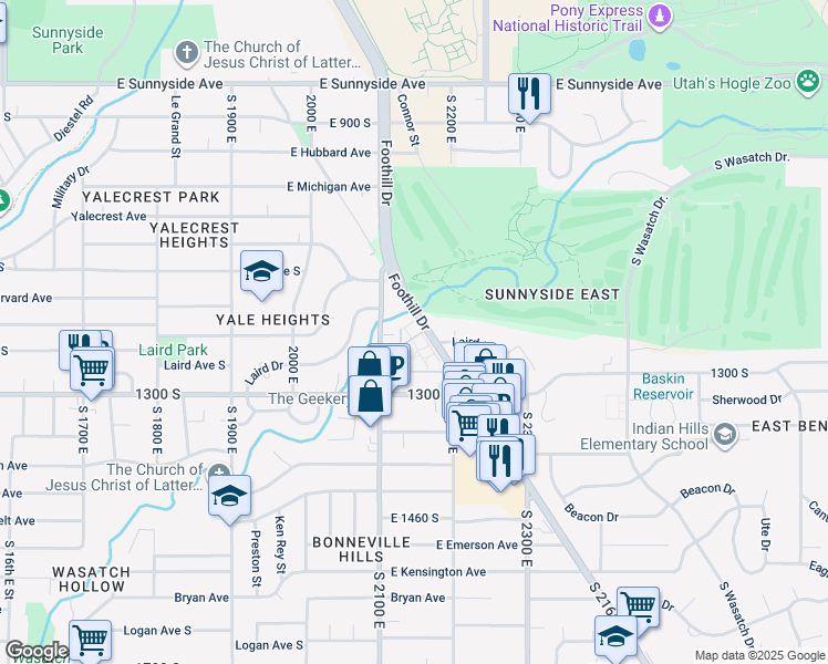 map of restaurants, bars, coffee shops, grocery stores, and more near 1182 Foothill Drive in Salt Lake City