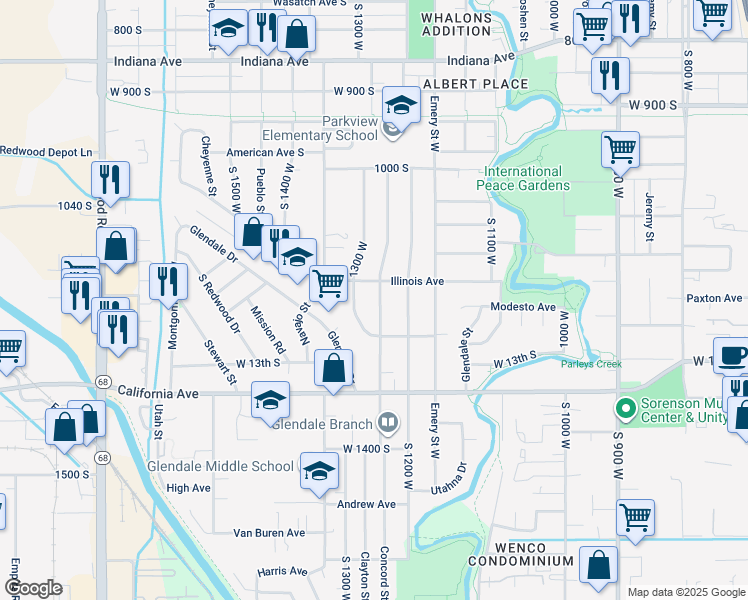map of restaurants, bars, coffee shops, grocery stores, and more near 1172 Concord Street in Salt Lake City