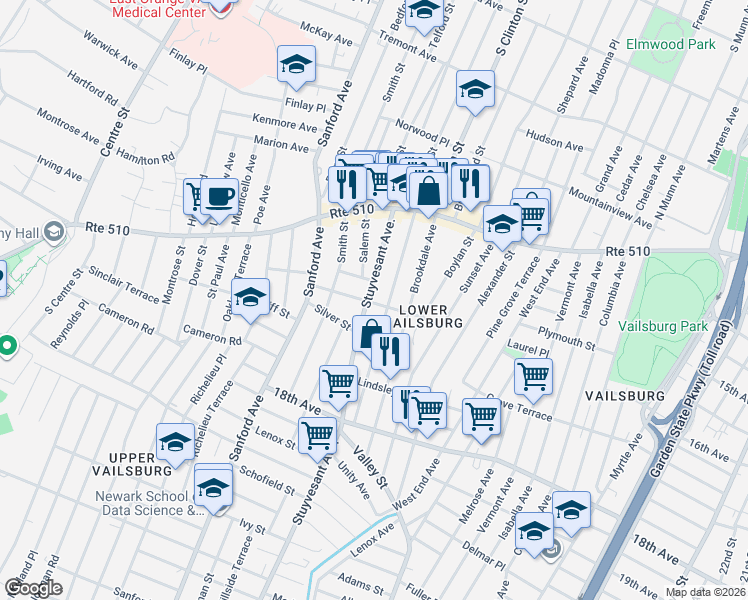map of restaurants, bars, coffee shops, grocery stores, and more near 96 Norwood Street in Newark