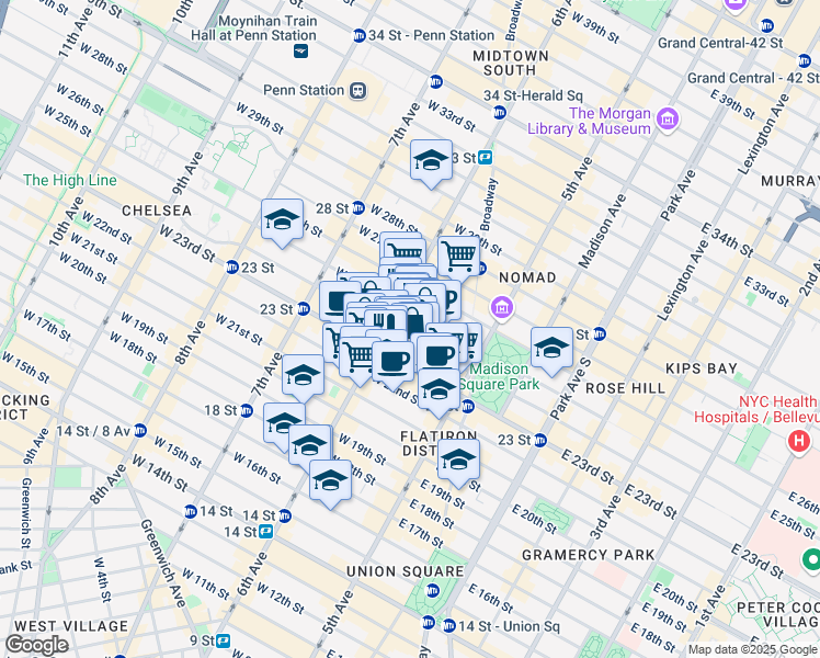 map of restaurants, bars, coffee shops, grocery stores, and more near 727 6th Avenue in New York