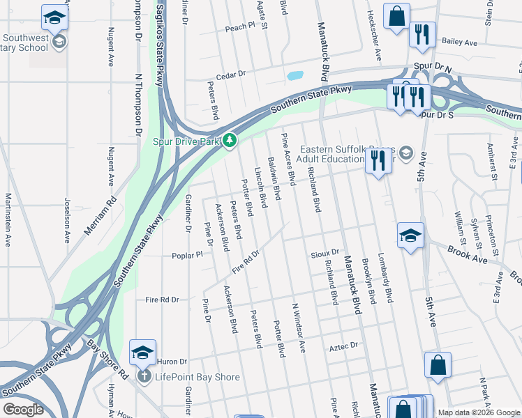 map of restaurants, bars, coffee shops, grocery stores, and more near 1436 Lincoln Boulevard in Bay Shore