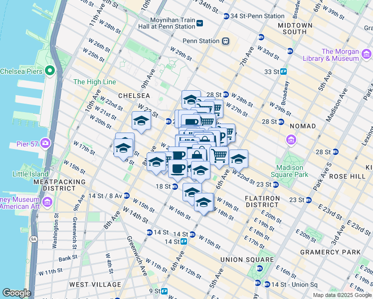 map of restaurants, bars, coffee shops, grocery stores, and more near 177 7th Avenue in New York