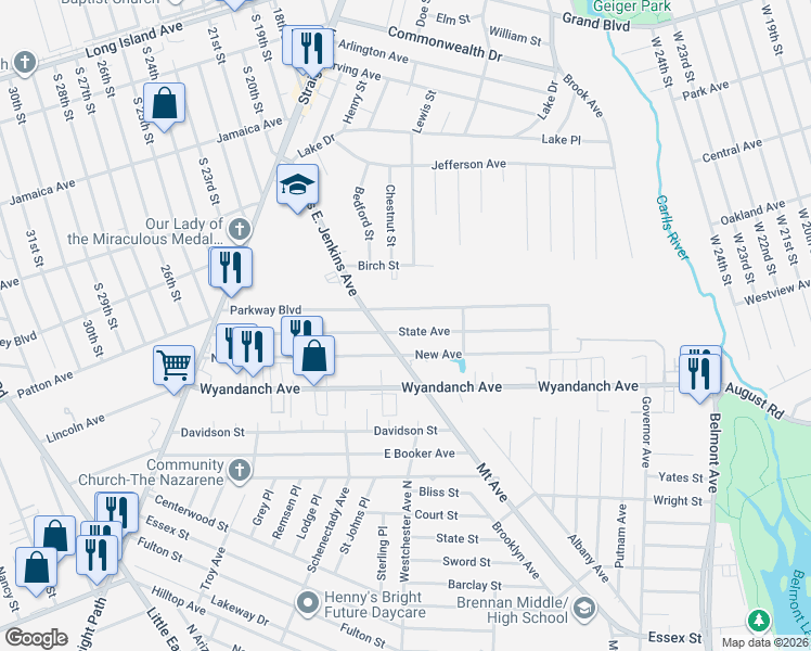 map of restaurants, bars, coffee shops, grocery stores, and more near 805 Mount Avenue in Wyandanch