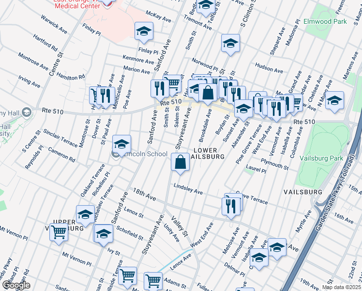 map of restaurants, bars, coffee shops, grocery stores, and more near 86 Stuyvesant Avenue in Newark