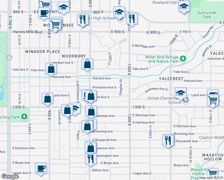 map of restaurants, bars, coffee shops, grocery stores, and more near 1201 Laird Avenue South in Salt Lake City